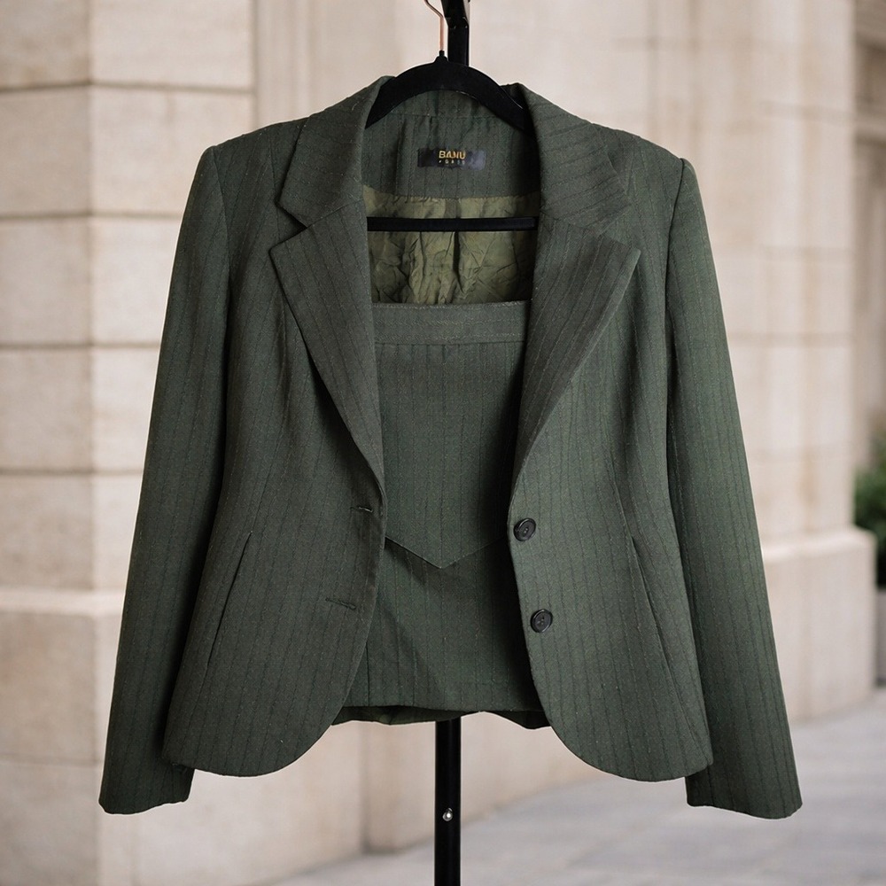 Banu Paris Green Pinstripe Cropped Blazer Corset‎ Set Womens Small